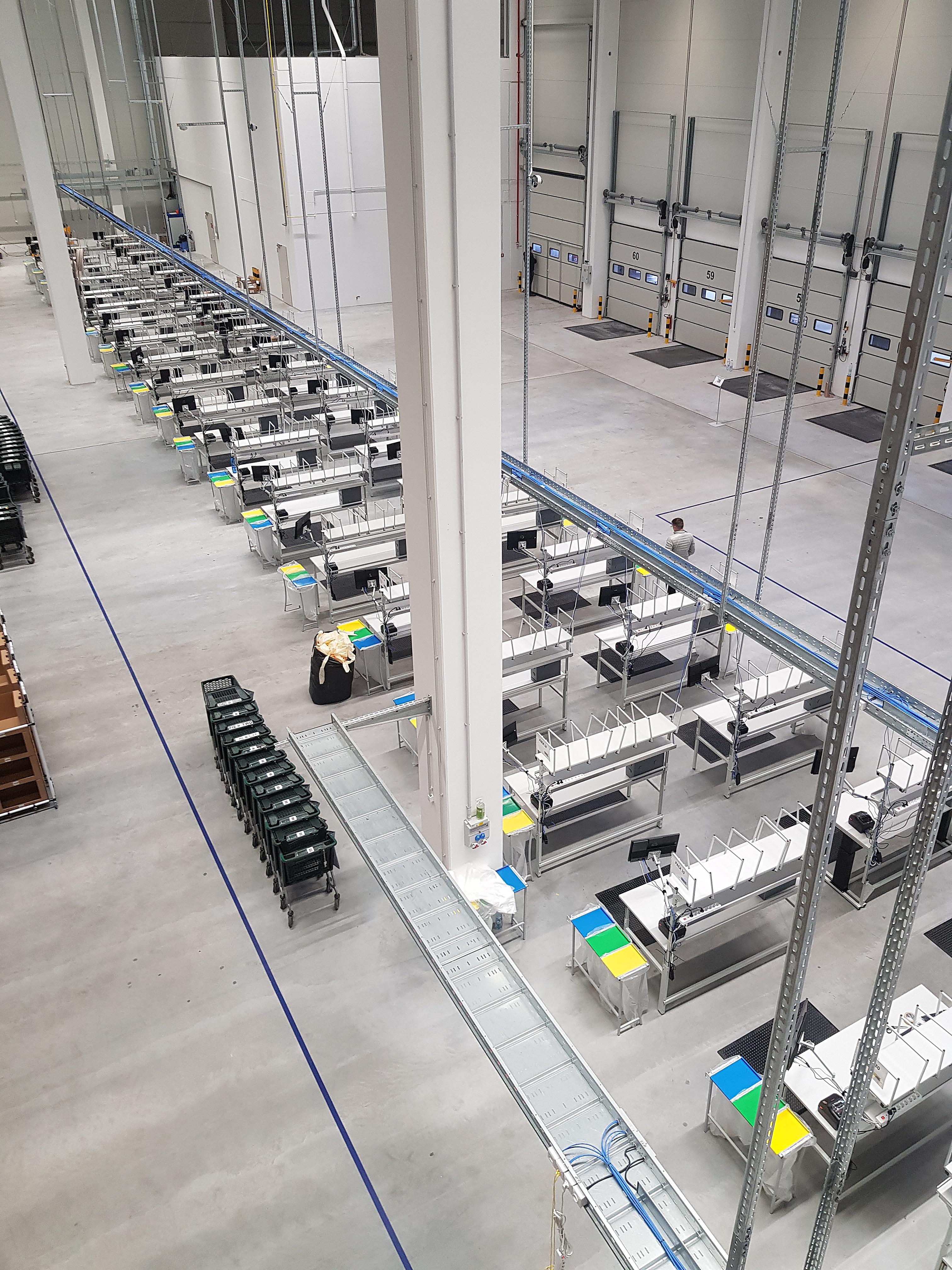 Vedere de sus a centrului fulfillment cu zeci de mese de packing Jabama în linie