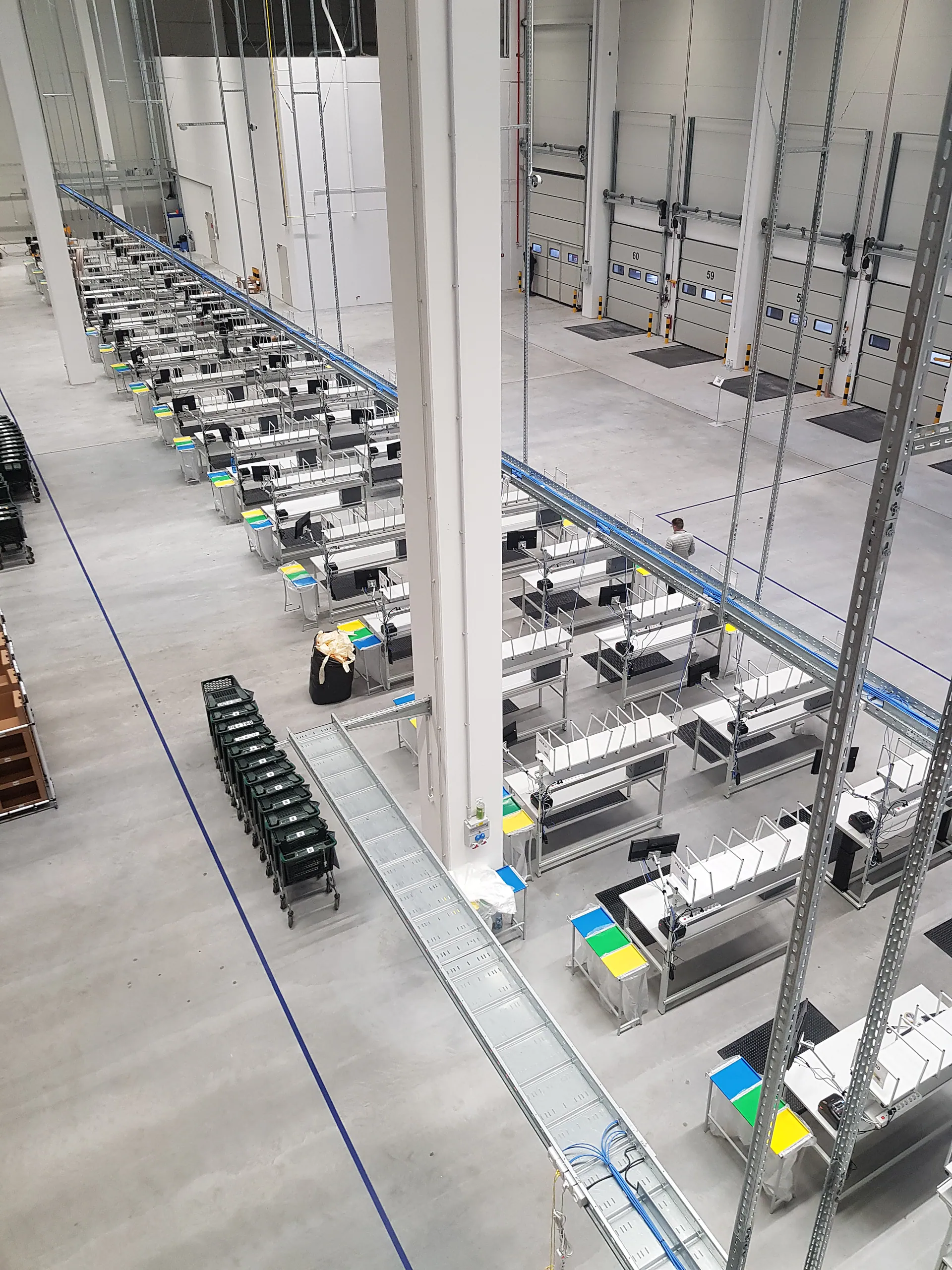 Vedere de sus a centrului fulfillment cu zeci de mese de packing Jabama în linie